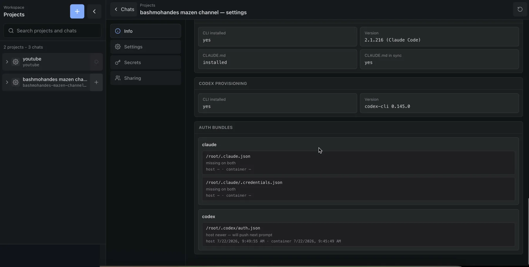 Project container information, agent versions, and credential-bundle state