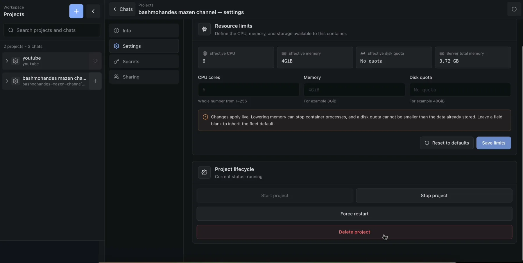 Per-project CPU, memory, disk, and lifecycle controls