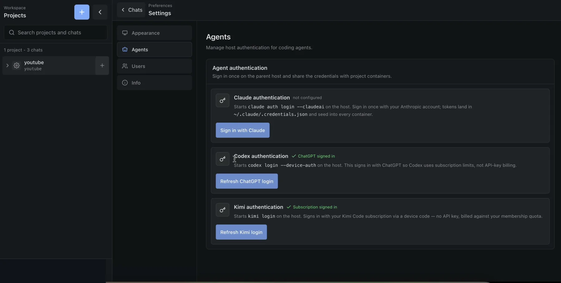 Administrator view of Claude, Codex, and Kimi authentication