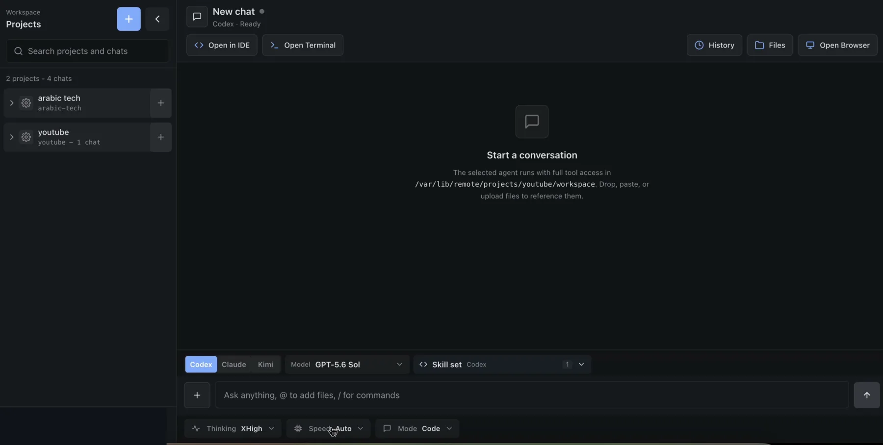 Provider, model, skill, thinking, speed, and mode controls