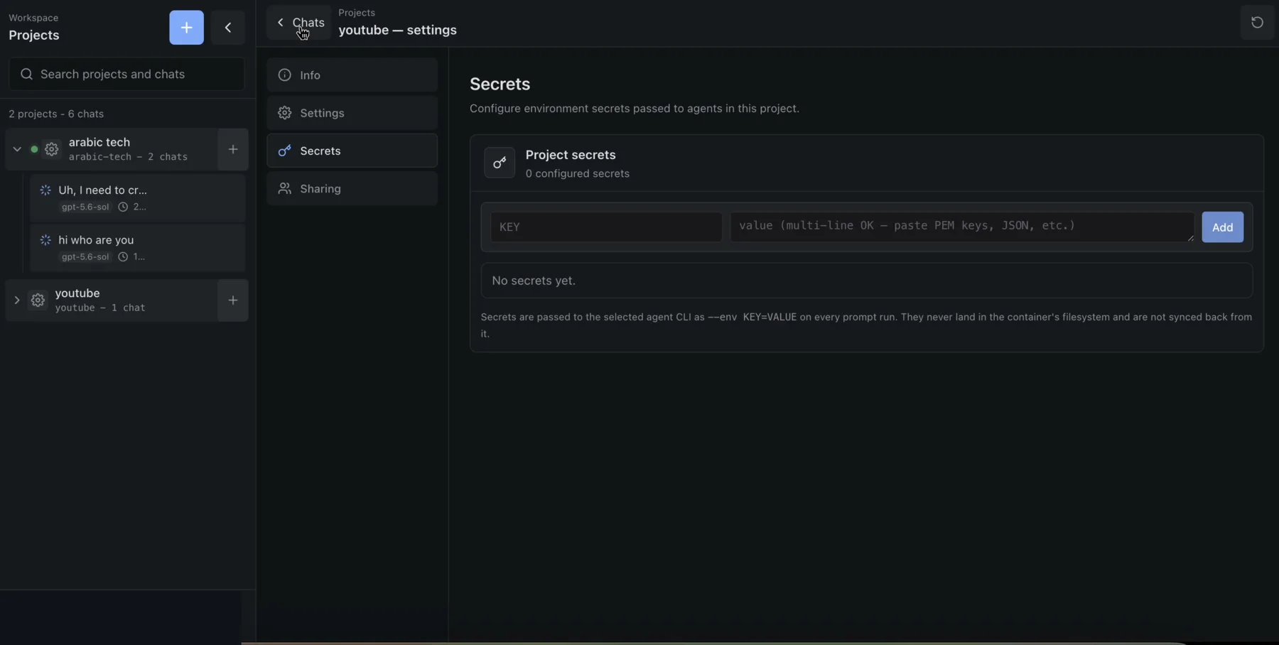 Project secret editor with support for multiline values