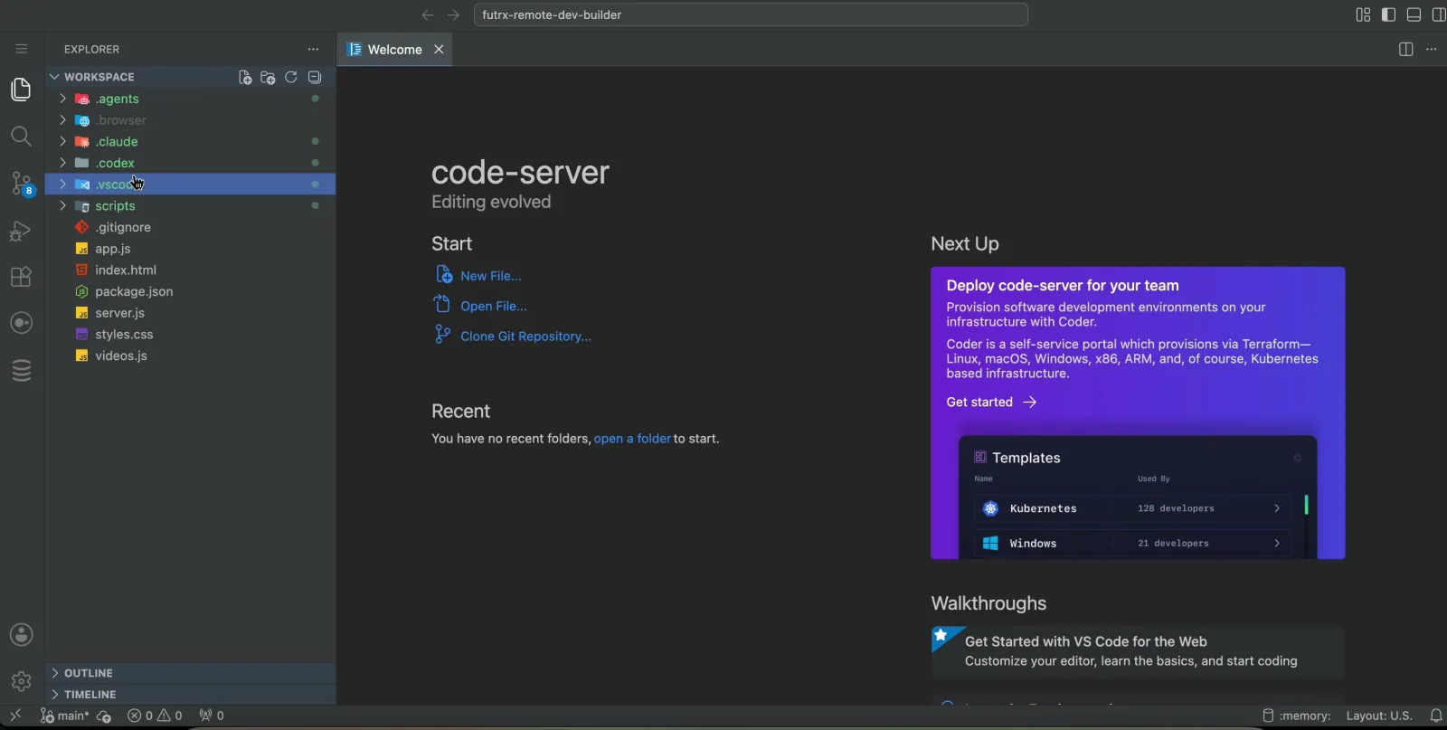 The project code-server IDE in a browser tab