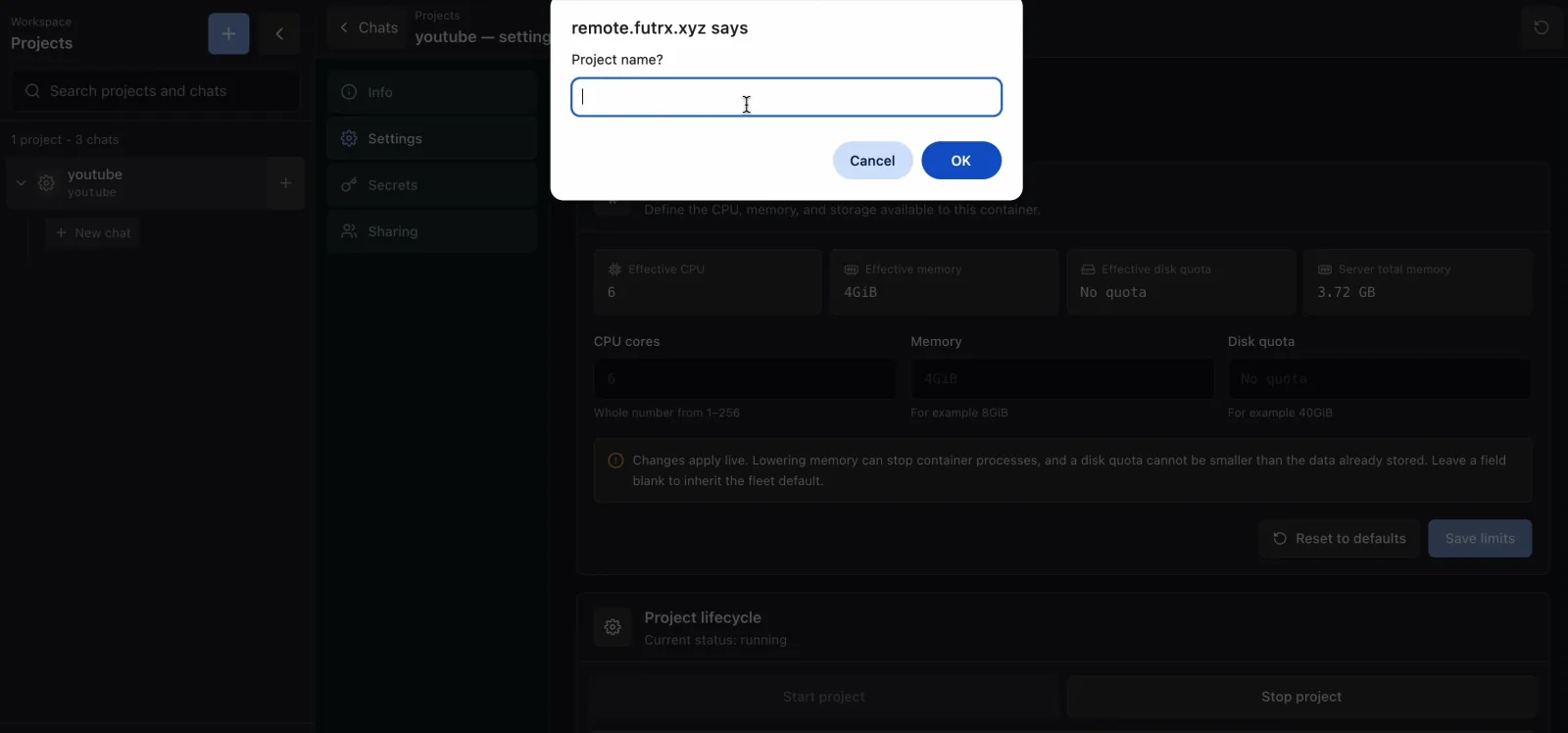 Creating a project from the workspace