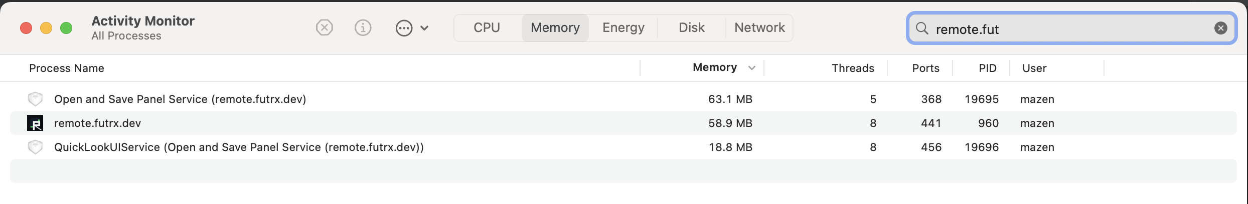 The Remote application process shows 58.9 MB. Counting the visible Open/Save and Quick Look helpers produces the conservative 140.8 MB total used in the comparison. Activity Monitor showing the Remote application at 58.9 MB, plus two macOS helper processes
