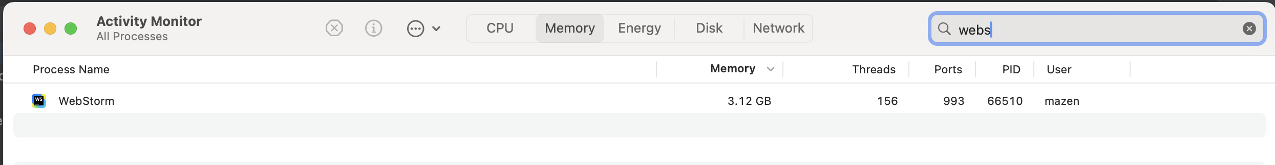 The WebStorm row shows 3.12 GB in the same capture window. Activity Monitor showing WebStorm at 3.12 GB